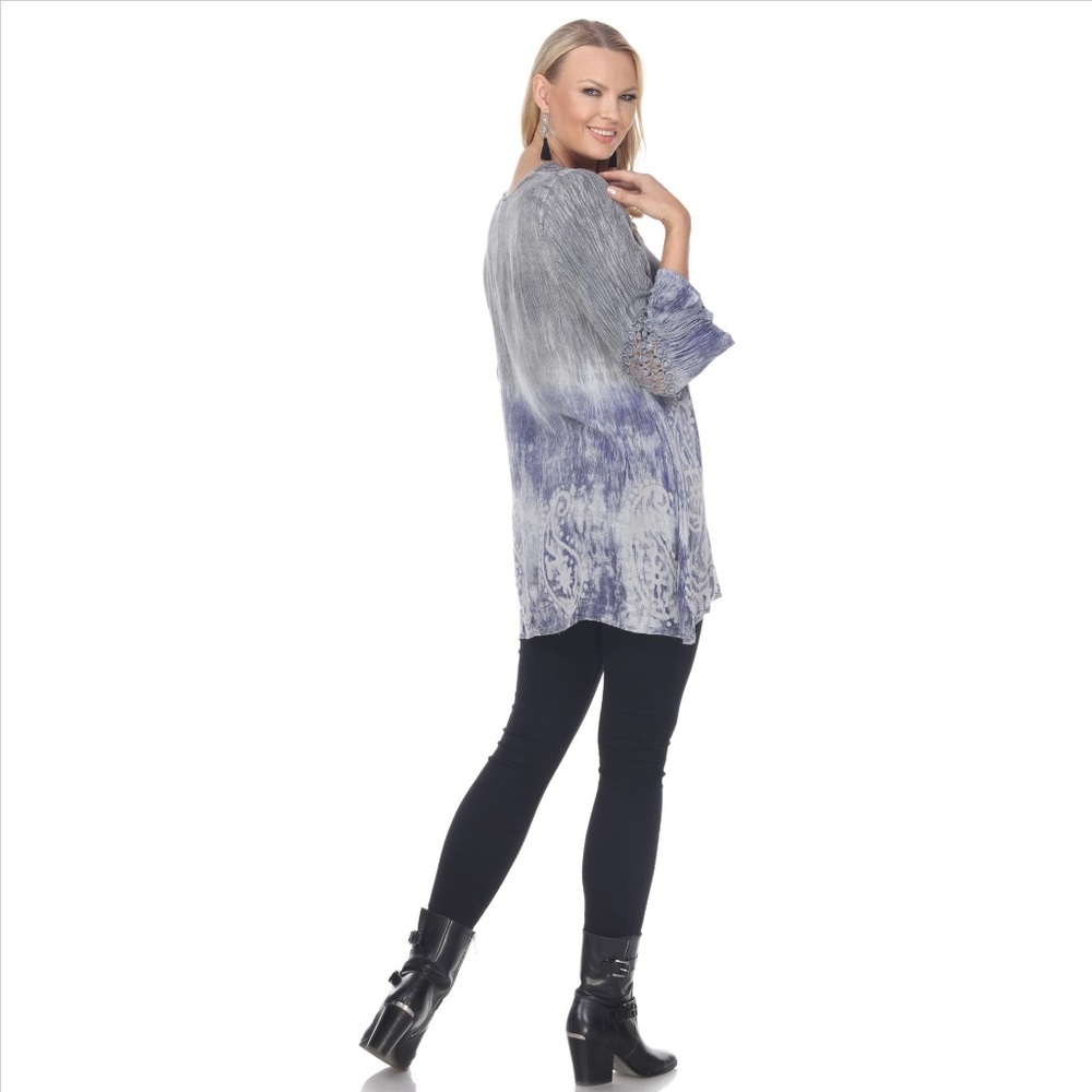 Super-Cute 3/4 Sleeve Tie Tye Tunic - Grey / Blue - Picture 3 of 4